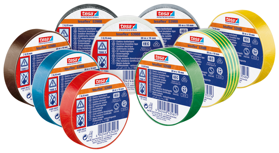 Sortiment av tesa® 53988 S-märkt eltejp i flera färger